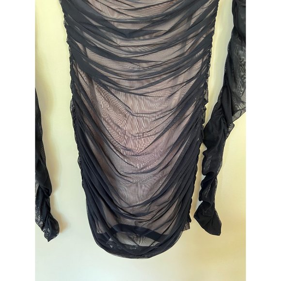 BEBE Mini Dress Womens XS Black Off Shoulder Ruched Bodycon Cocktail Sexy - Picture 3 of 11